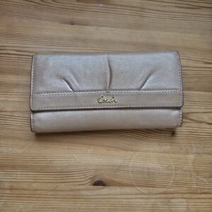 Coach Beige Leather Fold Wallet with Gold Logo